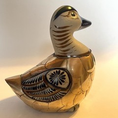 Vtg Tonala Mexico Pottery Duck Figurine Armored Brass Scales Hand Painted 5.5″ H