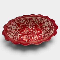 Vintage AIBA Mexico Red Hand Painted Pottery Bowl Scalloped Floral 5.25”