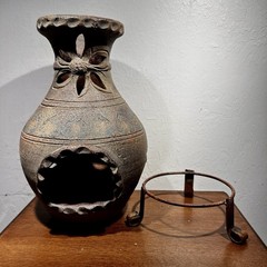 Rustic Clay Pottery Table Top Chiminea With Metal Stand