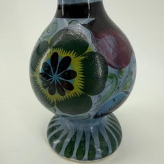 Vintage Mexican Pottery Vase Hand Painted Blue Green Floral Tall Ceramic 11.5″