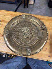 Vintage Brass Aztec Mayan Charger Tray Wall Brass Plate With 3D Figure 16″ Dia