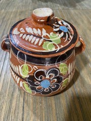 Vintage Mexican Tlaquepaque Redware Pottery Bean Pot w/Lid Hand Painted NICE!!
