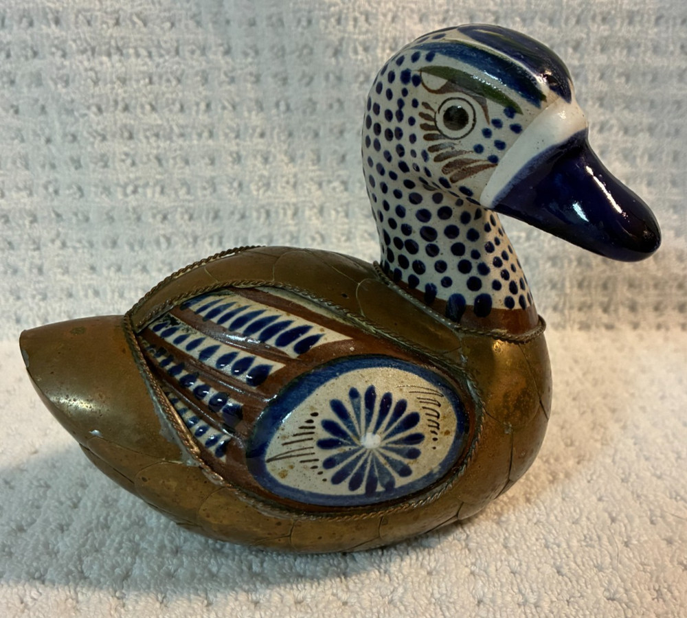 TONALA DUCK BIRD PORCELAIN/CERAMIC / BRASS ROYAL BLUE & WHITE
