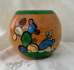 Vintage Tlaquepaque Tecomate Mexico Small Hand Painted Folk Art Round Pot Cactus