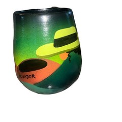 Brightly Hand Painted 4 In. Ceramic Pot Depicting Two Women Of Ecuador