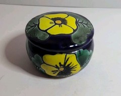 MEXICAN TALAVERA POTTERY TRINKET JEWELRY BOX & LID FLORAL HAND PAINTED ROUND