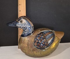 Vintage Brass And Ceramic Hand Painted Duck Sculpture