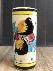 Mexico Tonala Pottery Cylinder Vase Flowers Floral Yellow Blue Green Art D8