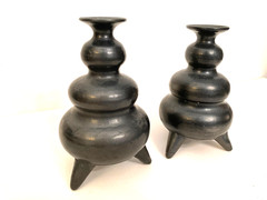 Oaxaca Mexican Folk Art Black Clay Pottery Footed Vase Pair Signed Lama
