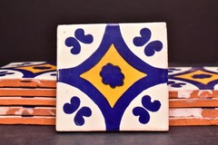 SET 10 Talavera Pottery 4″ tile Mexico Classic cobalt blue yellow mediterranean