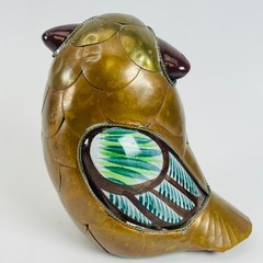 Tonala Mexican Owl Figurine Vintage Handcrafted Ceramic Brass Pottery 4.5”