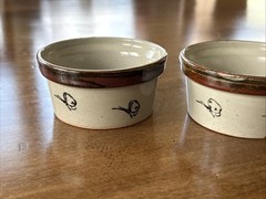 Mexican Tonala Pottery Bowl, Blue Brown Glaze, Bird , Mexico Set Of 4