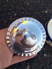 Round Blue Floral Trinket Box Round Blue Silver Shell Mexico Vintage
