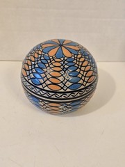 Javier Servin Blue & Orange Hand Painted Mexican Pottery Round Trinket Box 1996