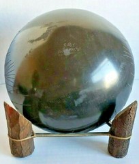RARE Signed Gris Camacho black modern decorative bowl vase on wood sinew base