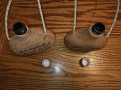 Set Of (2) Vintage Hand Made Mexican Canteens- Painted Leather Over Plastic