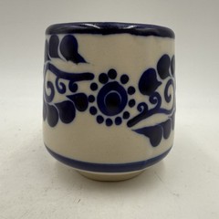 Set Of 4 Talavera Mexican Studio Folk Art Pottery Mugs Saucer Cobalt Blue Floral