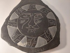 Vintage Carved Black Stone Pottery Inca Wall Hanging Sun Plate 11 In Tall