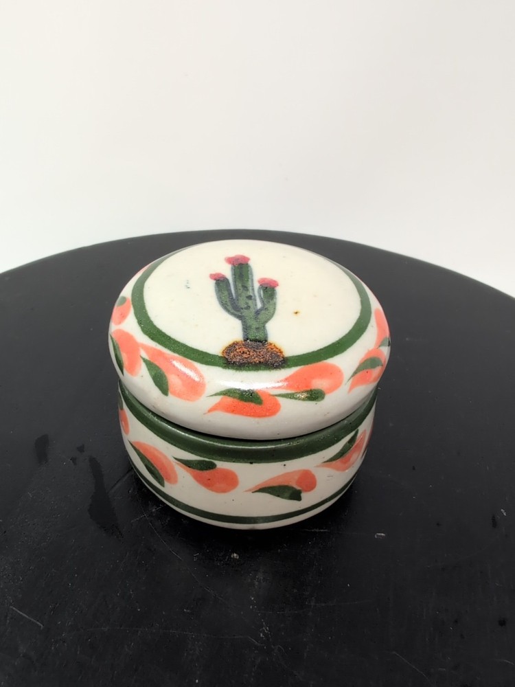 Mexican Tonala Pottery Round Covered Trinket Dish Green Cactus Hand Painted S.G