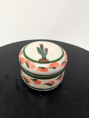 Mexican Tonala Pottery Round Covered Trinket Dish Green Cactus Hand Painted S.G