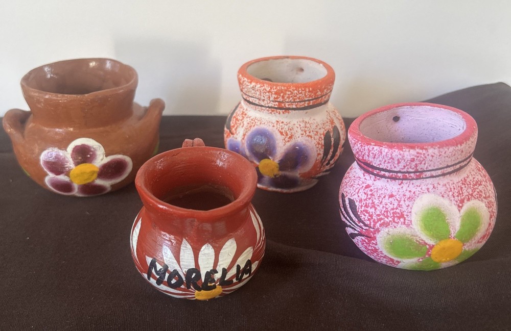 Set Of 4 Mexican Floral Mini Clay Pottery Cups Or Planters