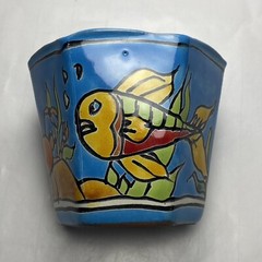 Mexican Folk Art Pottery Octagon Planter 3.75″ Ocean Fish Pattern Plant Pot