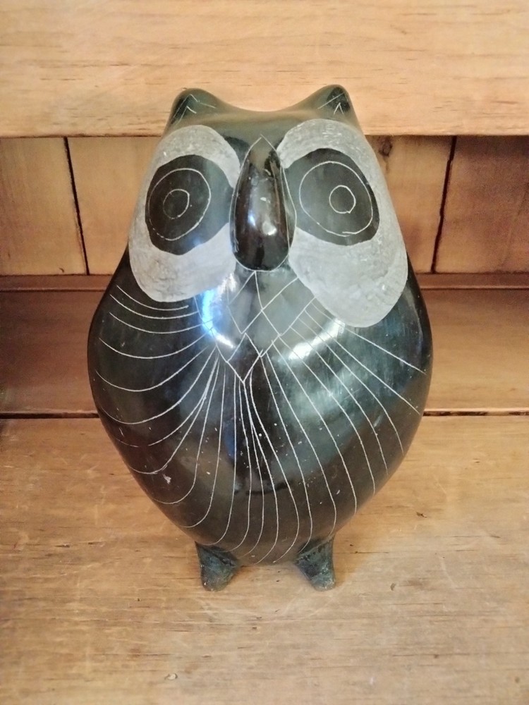 Tonala Oaxaca Black Owl Vintage Pottery Mexico Folk Art Signed Figurine 9″