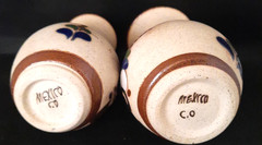 Vintage Pair Of Mexico Folk Art Pottery Tonala Floral Round Vases Signed C.O.