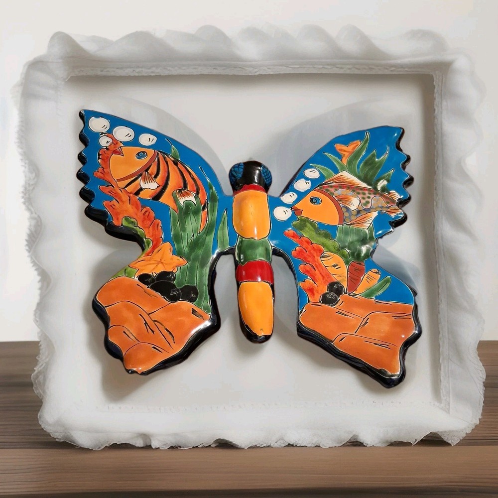 MEXICAN TALAVERA POTTERY BUTTERFLY WALL DECOR, HAND PAINTED.