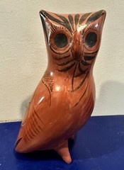 Tonala Pottery Owl Figurine Mexico Folk Art Orange Floral Hand Painted 7.5″