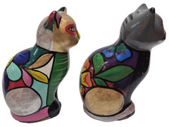 Vintage Mexican Pottery Folk Art Terracotta Cat Figurines Hand Painted 7.5″ x 5″