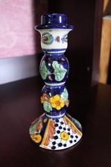 Talavera Mexican Pottery Tall Single Candle Holder Hand Painted Colorful
