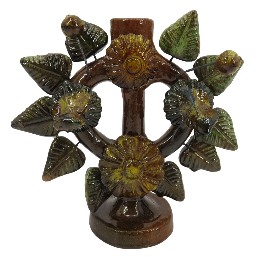Tree Of Life Pottery Single Candleholder Candelabra Mexican Folk Art Flower Leaf