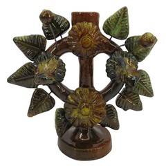 Tree Of Life Pottery Single Candleholder Candelabra Mexican Folk Art Flower Leaf