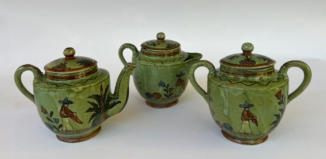 Vintage Mexican Tlaquepaque washy green 3 piece tea, creamer & sugar set