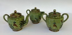 Vintage Mexican Tlaquepaque washy green 3 piece tea, creamer & sugar set
