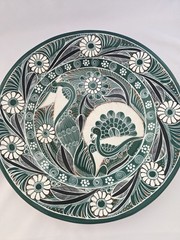 16″ Justino Garcia Tonala Mexico Pottery Platter Signed Folk Art Green, White