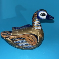 Vintage Mexican Tonala Pottery Folk Art Armored Brass Duck Bird Figurine 4.5”