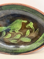 Mid Century Michoacan Patamban Pottery Charger Plate Green Brown Glaze 12.5″