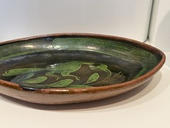 Mid Century Michoacan Patamban Pottery Charger Plate Green Brown Glaze 12.5″