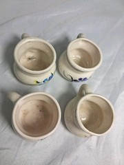 Hand Painted Mexican Art Miniature Clay Pitchers Mugs Set Of 4 Mexico Vintage