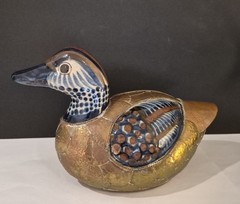 Vintage Brass And Ceramic Hand Painted Duck Sculpture