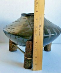 RARE Signed Gris Camacho black modern decorative bowl vase on wood sinew base