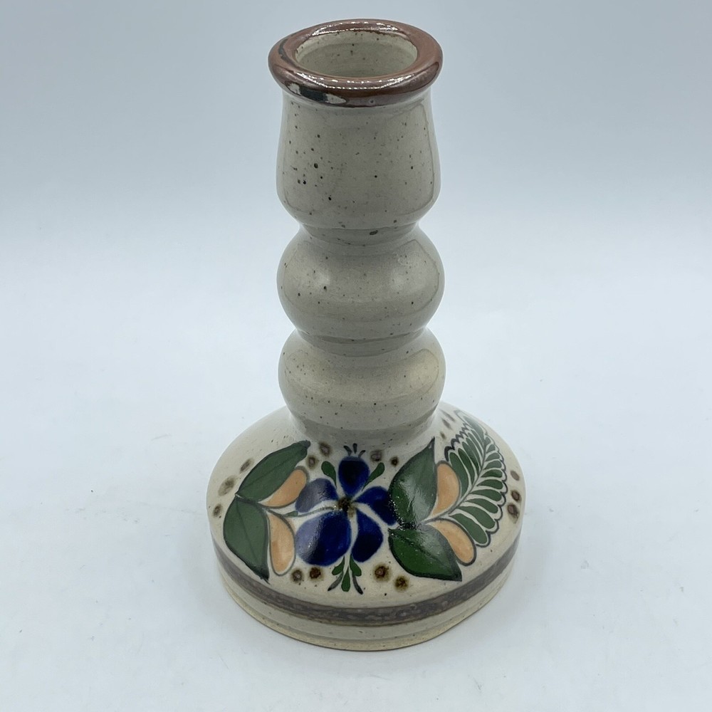 Mexico Tonala Pottery Floral Signed Candle Stick Single Holder
