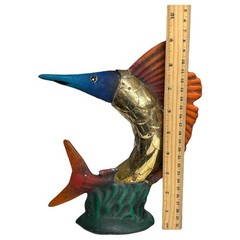 Art Pottery Fish Statue Brass Scales Hand Painted SET OF 2 Angelfish Swordfish
