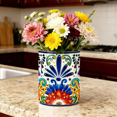 Mexican Tiles Kitchen Utensil Holder, Mexica Theme Talavera Large Ceramic Utensi