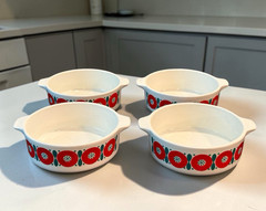 Vtg 1970s Hand Painted Mexican Pottery ANFORA Set of 4 Handled Soup Bowls Modern