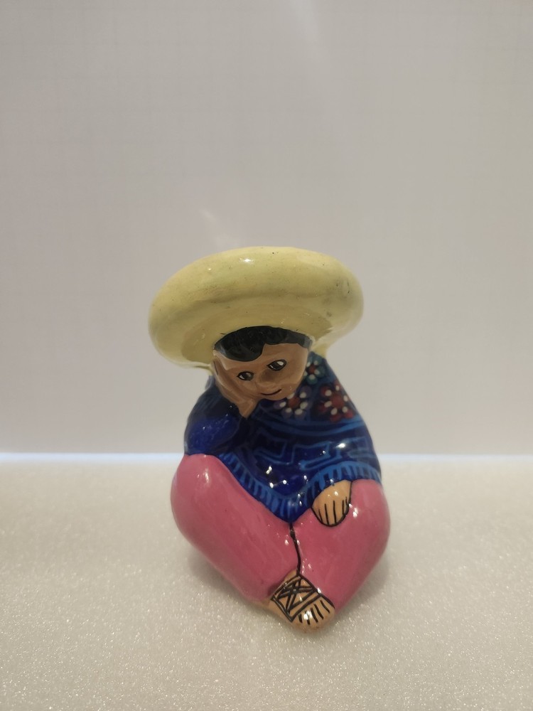 Mexican Handmade Hand Painted Pottery Figurine with Sombrero Folk Art