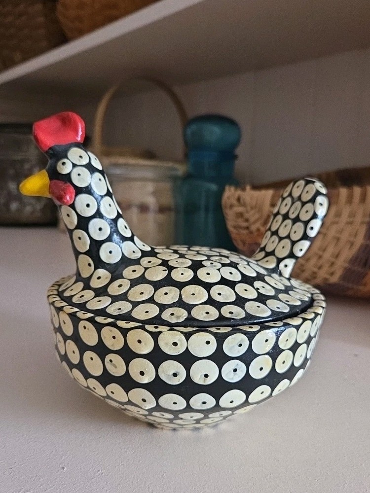 Vintage Handmade Mexican Mayan Folk Art Chiapas Pottery Chicken Pot w/ Lid