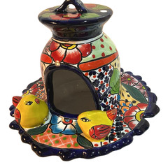 Lrge 11” Mexican Pottery Talavera Pottery “Love Birds” Hanging Bird House Feeder